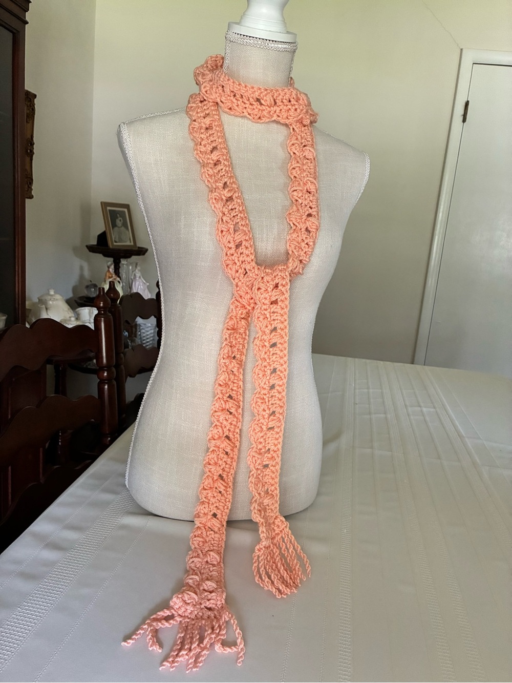 Persimmon crochet criss cross eyelet  Y2K skinny scarf- handmade